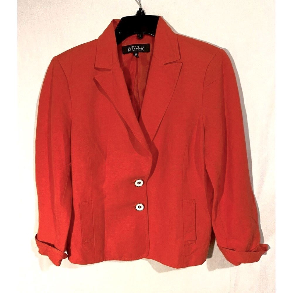 Kasper Womens 3/4 Sleeves Suit Jacket Sz 10 Red Orange Linen Blend Two Button
